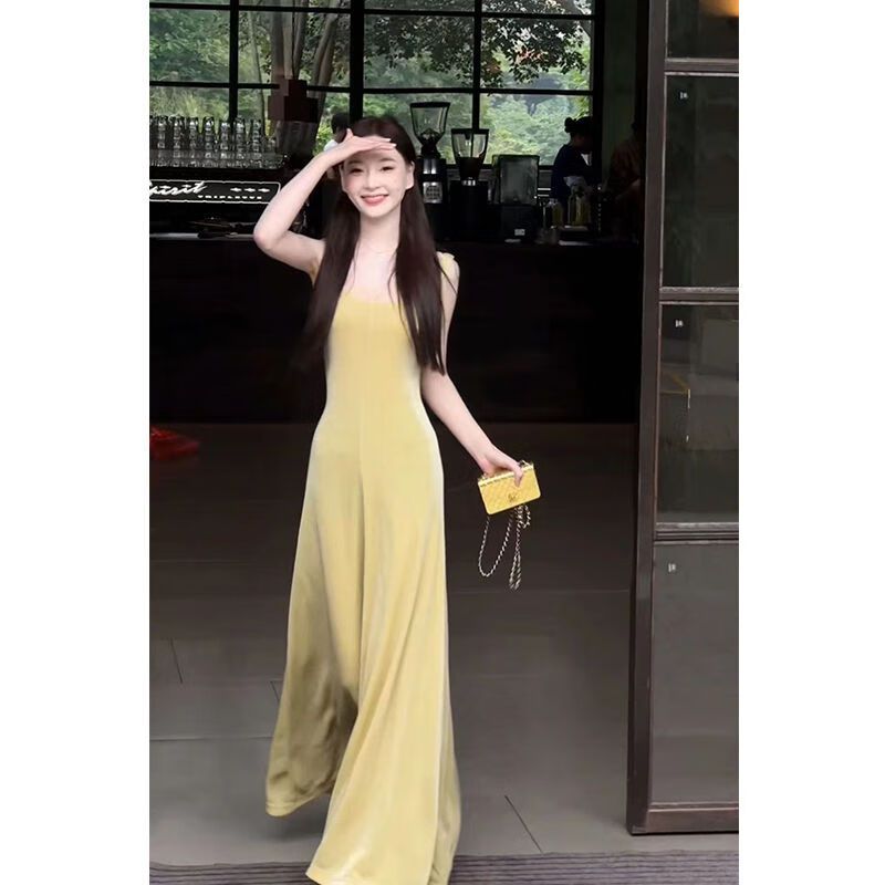 学士服缪斯女神 夏季细闪显白连衣裙网纱大摆气质收腰长裙女 金色