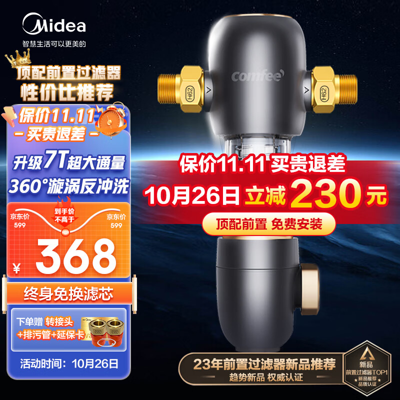 美的（Midea）【旗舰新款】美的前置过滤器反冲洗前置净水器全屋净水器家用过滤器前置顶配升级7T大通量 40μm双滤网 终身免换滤芯 净水器怎么样,好用不?
