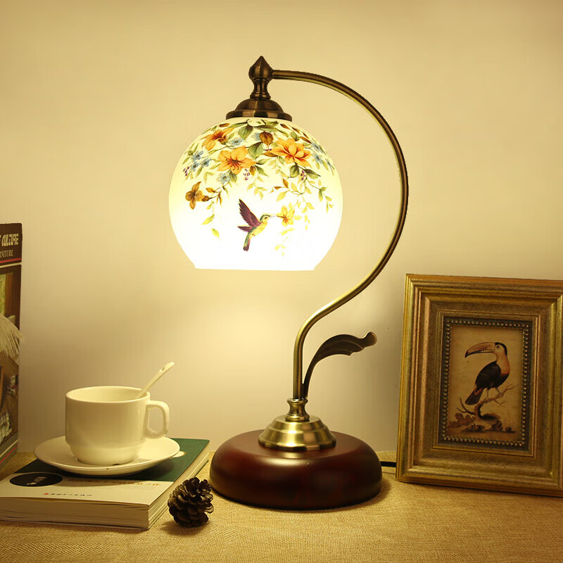 诺慕复古实木中式台灯欧式简约客厅书房卧室床头灯美式浪漫古典调光灯 花鸟款+LED灯泡 按钮开关