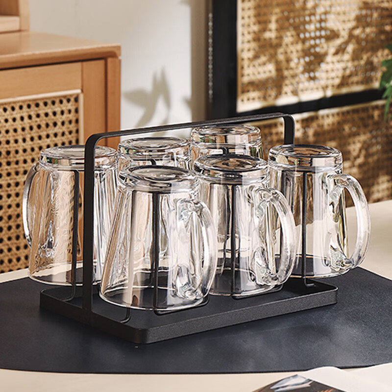 格娜斯钢化玻璃杯套装家用水杯带把泡茶杯耐高温家庭喝水杯子高颜值水具 透明把杯300ml6只+杯架