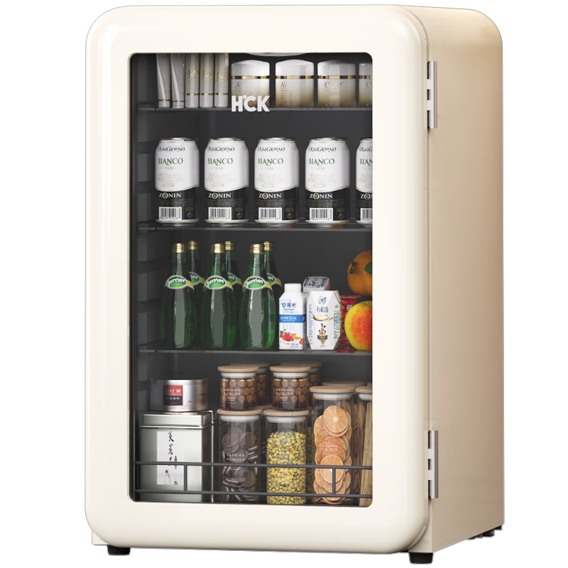 HCK哈士奇冰吧64升家用小冰箱小型迷你复古冰箱单门玻璃门红酒柜冷藏柜饮料柜 SC-70RB 奶茶色 | 64升