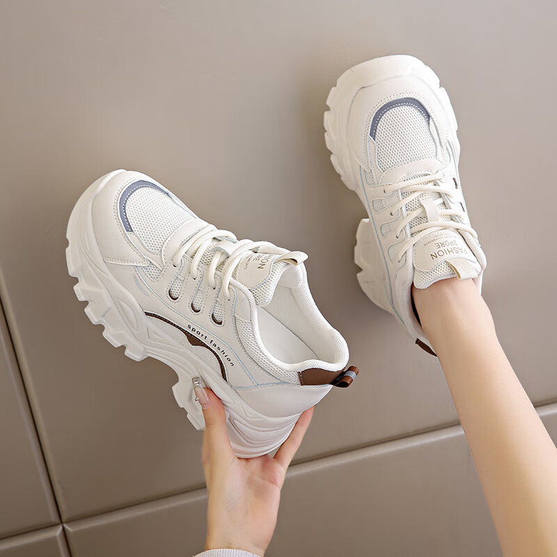 温莱蔓莎秋冬款内增高运动鞋女6-8厘米增高鞋小个子女士坡跟皮面老爹