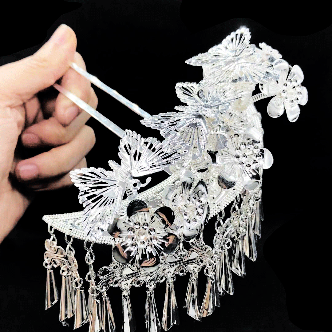 苗族头饰发簪少数民族发饰短流苏苗银侗族发梳古装汉服 蝴蝶花款