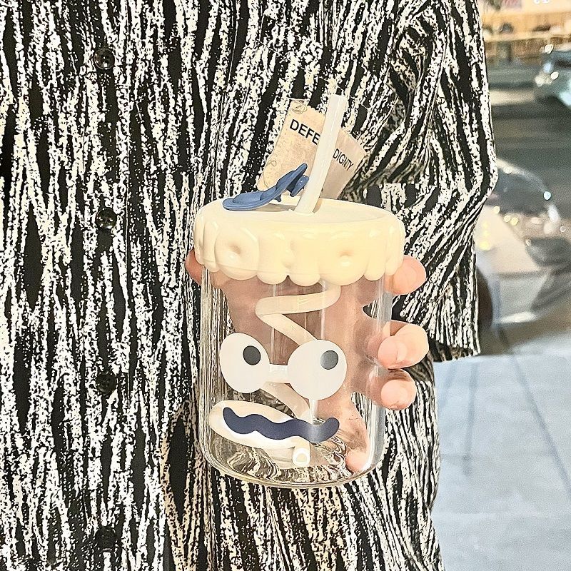 学生水杯夏季ins高颜值呆萌玻璃男女学生带吸管大容量耐热耐高 381ml