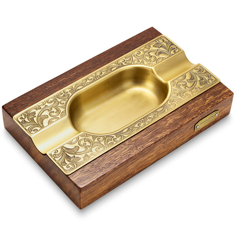 茄龙 (cigarloong)雪茄烟灰缸大口径烟灰缸雪茄专用实木金色花纹精美