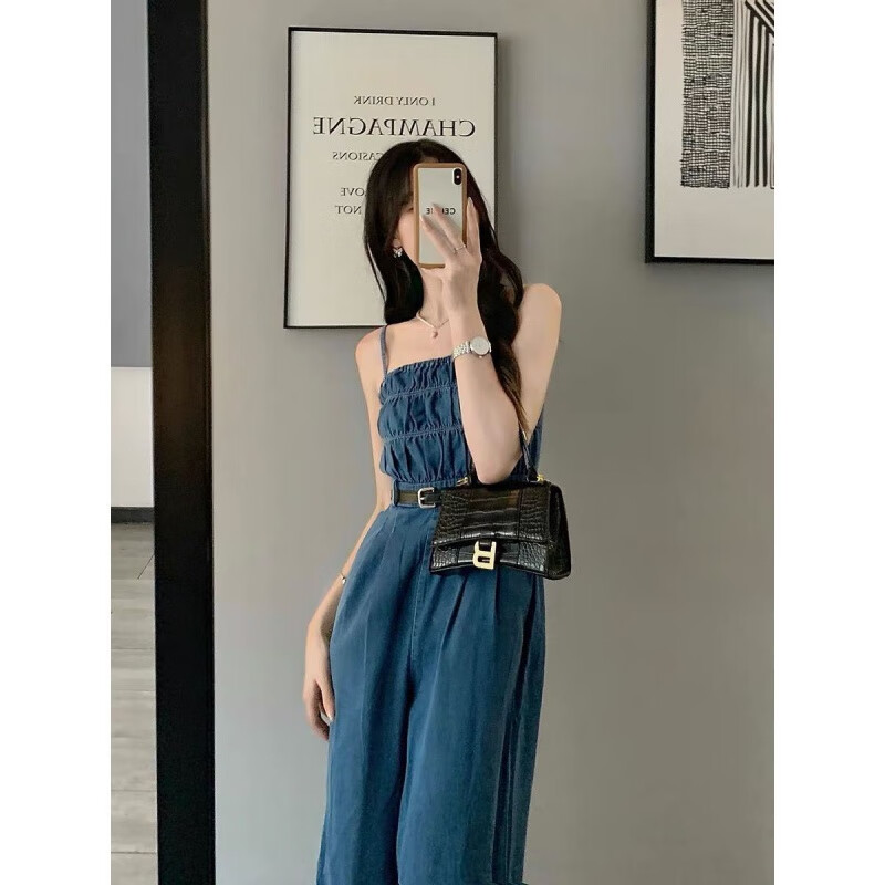 風(fēng)曉薇新款夏季牛仔吊帶連體褲女氣質(zhì)顯瘦時(shí)尚洋氣闊腿長(zhǎng)款連衣褲 藍(lán)色腰帶 S