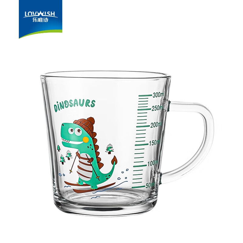 乐唯诗（NERVISHI）玻璃带刻度牛奶杯儿童吸管水杯喝奶杯泡冲奶粉专用大宝宝早餐杯 卡通牛奶裸杯【恐龙】300ml1只