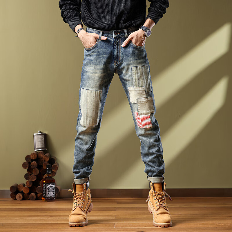 牛仔裤时尚修身小脚裤蓝色补丁裤子 tc-2987蓝色 28码(建议体重95-110