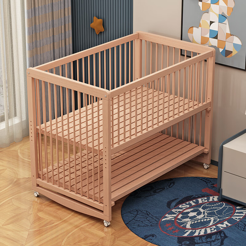 生态宜家【官方直销】榉木婴儿床儿l童拼接大尿布台带护栏推拉摇摇宝