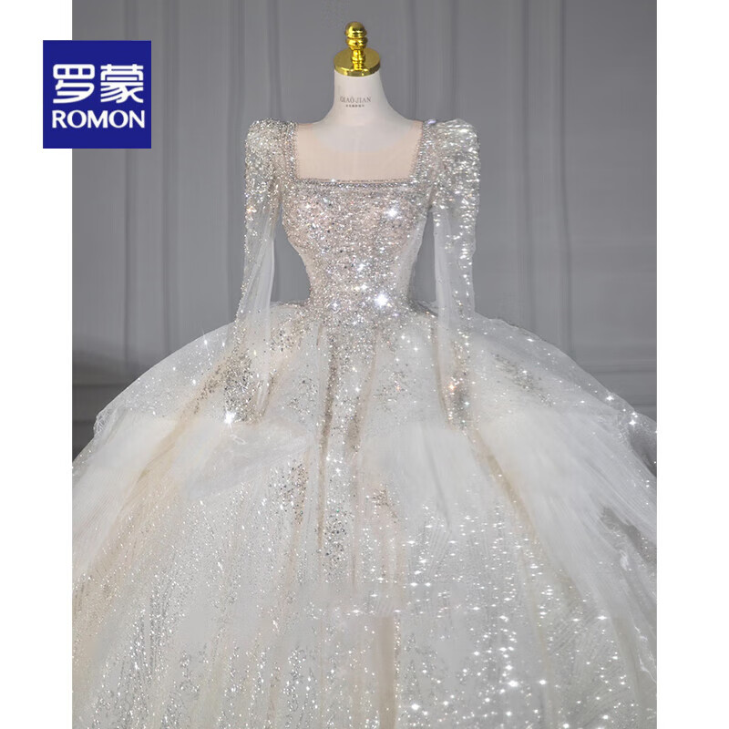罗蒙（ROMON）钻婚新娘长袖婚纱2023新款重工拖尾法式小个质感冬季主纱 白色齐地婚纱 XS