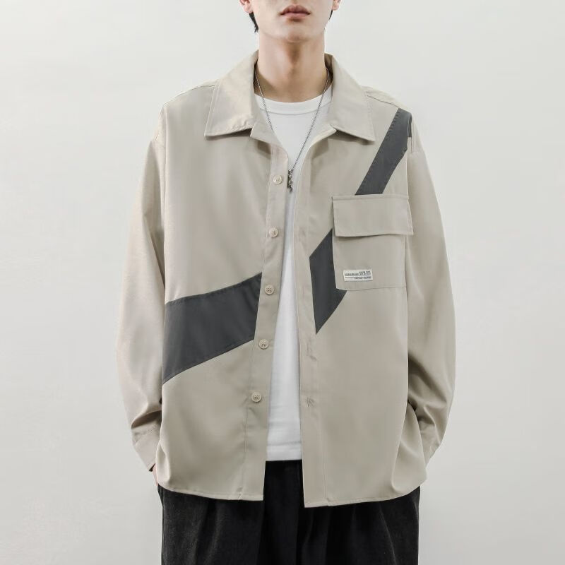 企迈衬衫男长袖春夏季薄款外套宽松港风设计感上衣服春季日系拼接长袖