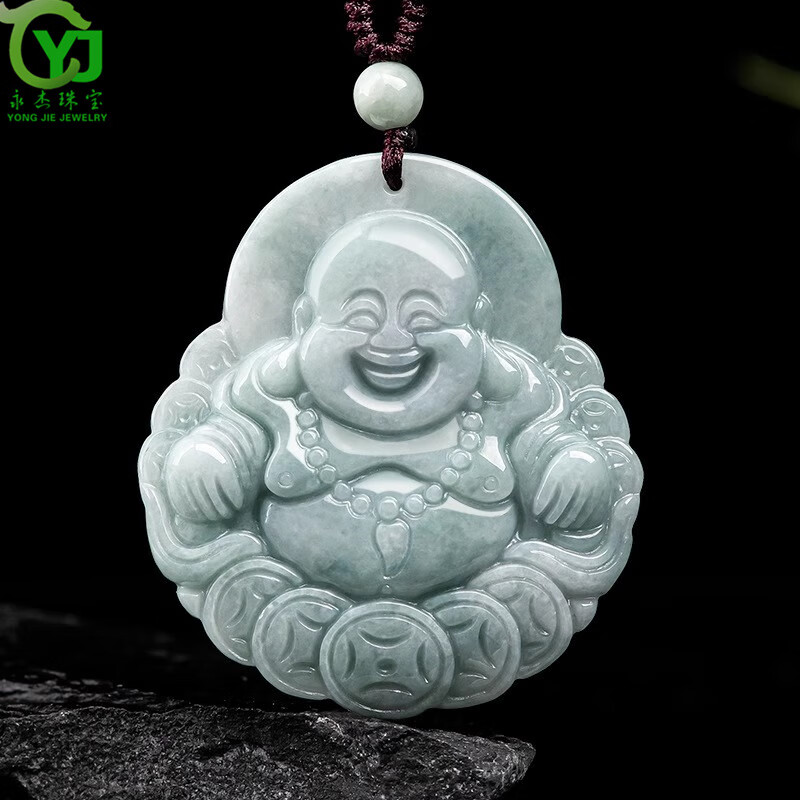永杰原创【金钱笑佛】a货翡翠豆种佛弥勒佛吊坠玉石男女礼物挂件玉器