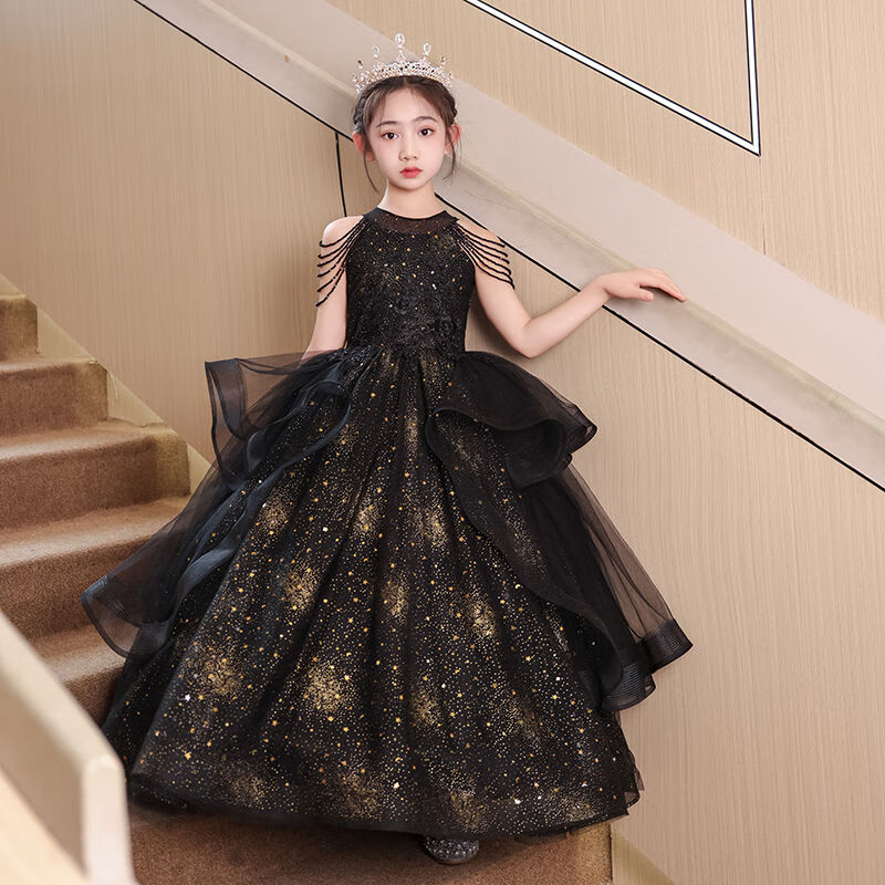 靚琪佳女童黑色公主裙晚禮服輕奢小眾3-12歲女孩走秀主持鋼琴演奏演出服 黑色長款 140 136-145厘米 建議65-75斤