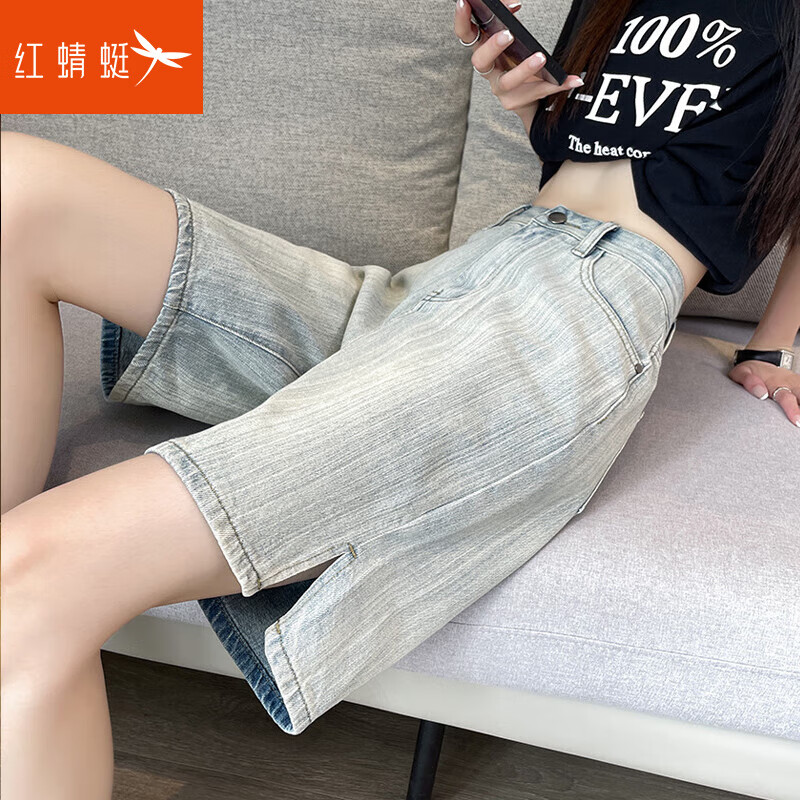 紅蜻蜓淺色牛仔五分短褲女夏季薄款高腰顯瘦復(fù)古條紋開叉寬松闊腿中褲子 淺藍色短褲 XS【85斤以下】