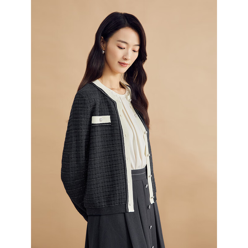 YINER音儿专选秋季女装羊毛混纺优雅撞色亮丝小香风针织开衫 烟灰 XL 42
