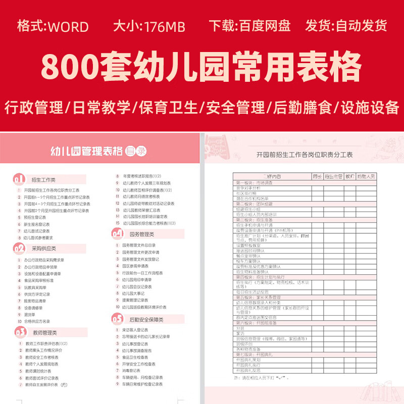 幼儿园常用表格电子版后勤管理财务教学考核评分评测安全保育资料 全