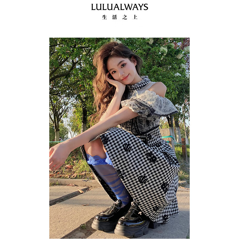LULUALWAYS【商场同款】25夏季优雅时尚格子植绒新款短款连衣裙 黑色 M