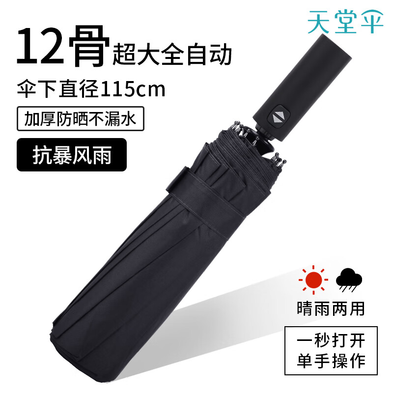 天堂伞超大12骨全自动雨伞男大号双人伞加固抗风折叠自动伞女晴雨两用伞 黑色（超大12骨全自动伞）