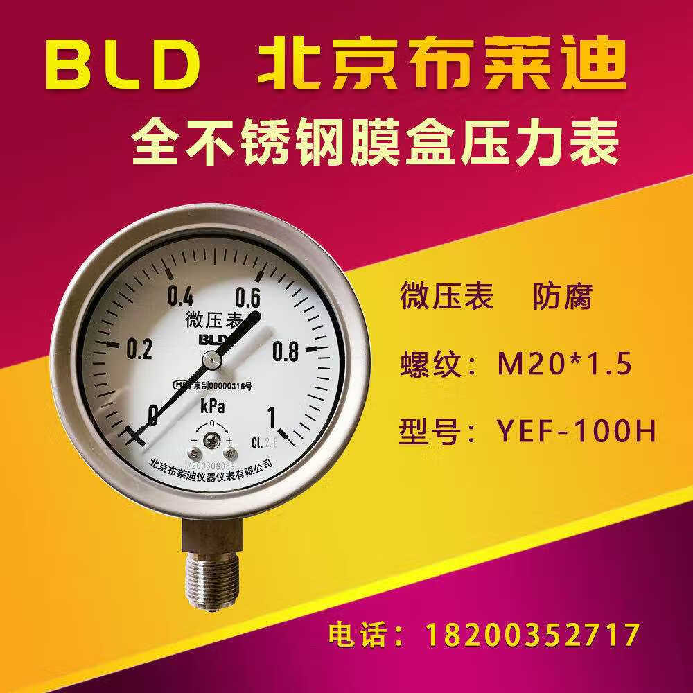 布莱迪bld北京膜盒压力表yef100h不锈钢微压表螺纹m20*1.