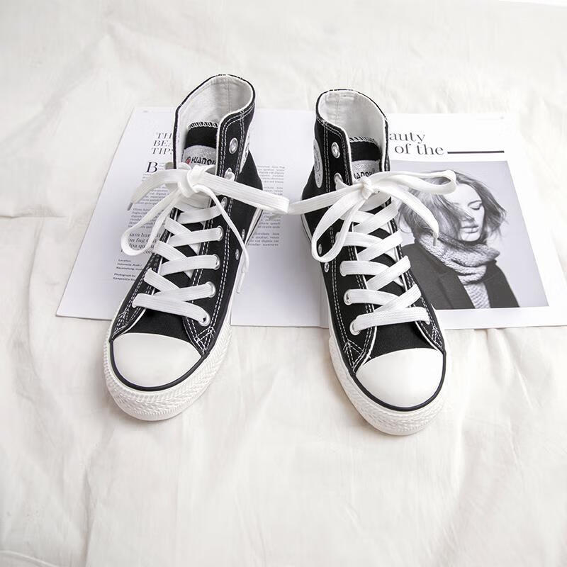 环球女鞋帆布鞋女鞋高帮2025新款夏季透气轻便学生小白鞋低帮黑色板鞋 经典黑色-高帮 38