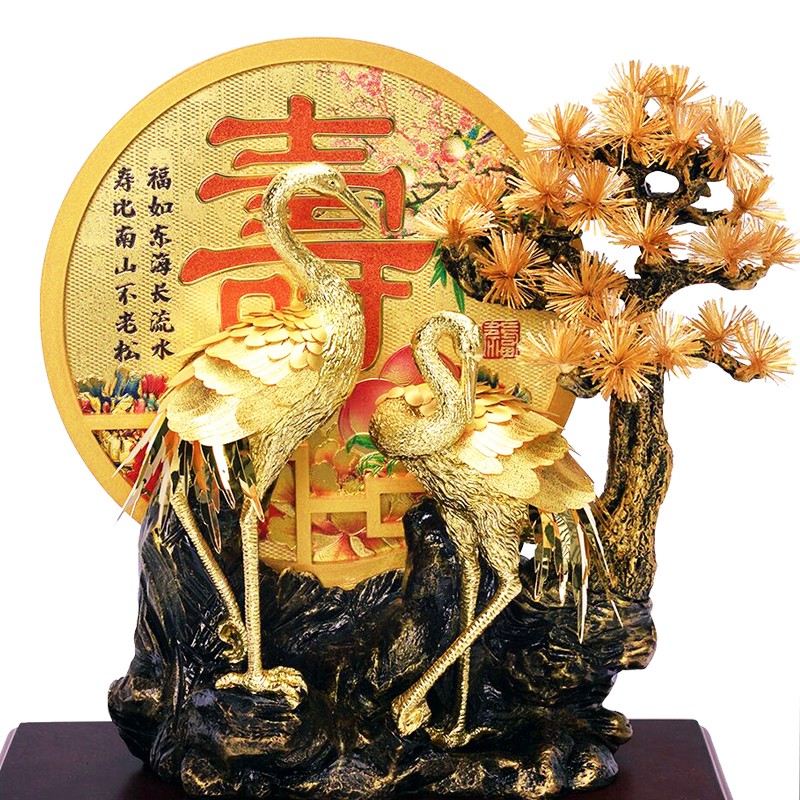 京峰阁 松龄鹤寿金箔橱窗祝寿摆件 送老人长辈生日礼物六十八十大寿礼品 橱窗松龄鹤寿