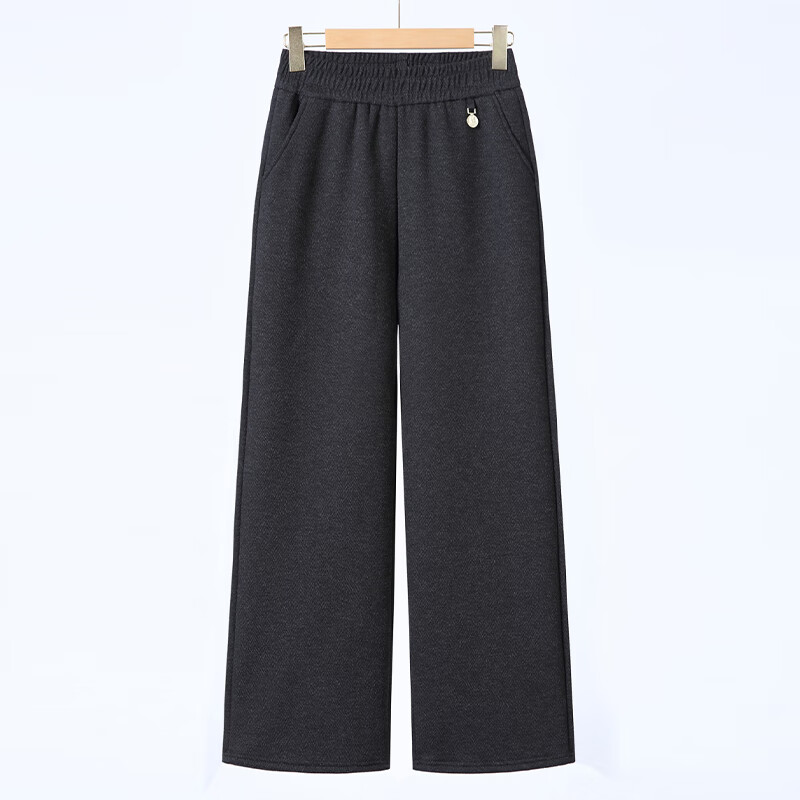 漫花格中老年女裤妈妈秋冬款休闲阔腿长裤奶奶裤加绒加厚老太太松紧裤子 春秋-黑灰色 4XL 建议130-140斤