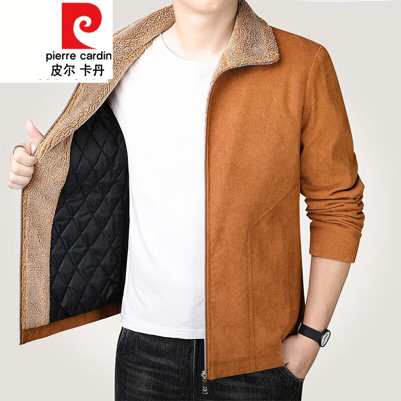 皮爾卡丹（pierre cardin）男士夾克外套30-40歲50男裝燈芯絨2023新款春秋大碼休閑外衣 卡其【秋冬加棉】 厚款 L =100-120斤