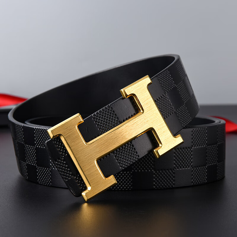 爱马仕皮带男平滑扣青年休闲中年裤带男潮百搭头层牛 黑色金扣 105cm