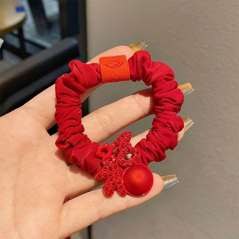龙年红色水钻大肠发圈新年头绳笑脸皮筋时尚福字 头饰 红色大肠圈红福