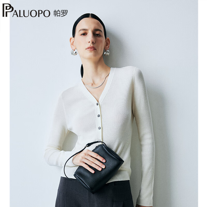 帕罗(PALUOPO)【精纺可机洗】秋冬新款v领纯羊毛开衫女针织衫毛衣60支扬子纱 白色 S 155/95