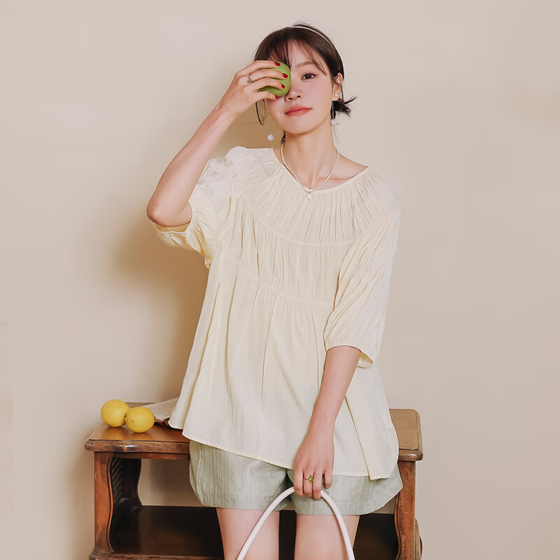 米度麗孕婦裝夏季T恤上衣天絲衫薄款半袖時(shí)尚外穿寬松孕婦女薄款夏裝 杏色 均碼