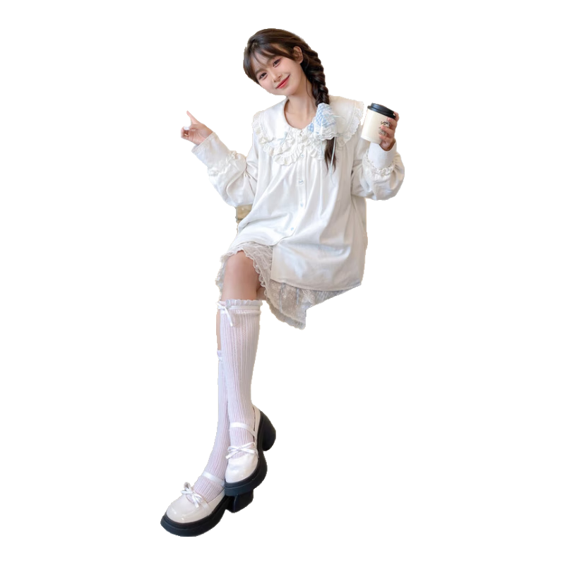 森女部落原創(chuàng)甜美雙層娃娃領女士長袖襯衫女上衣內(nèi)搭春夏上衣新款 白色 L