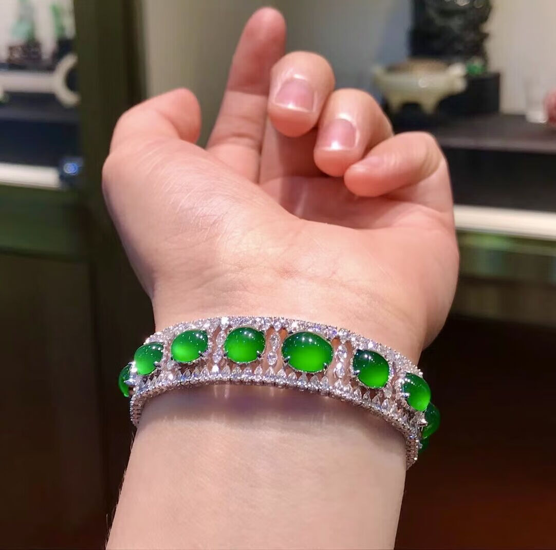 goyn翡翠手链镶嵌冰种正阳绿翡翠手链缅甸a货18金镶嵌帝王满绿蛋 苹果