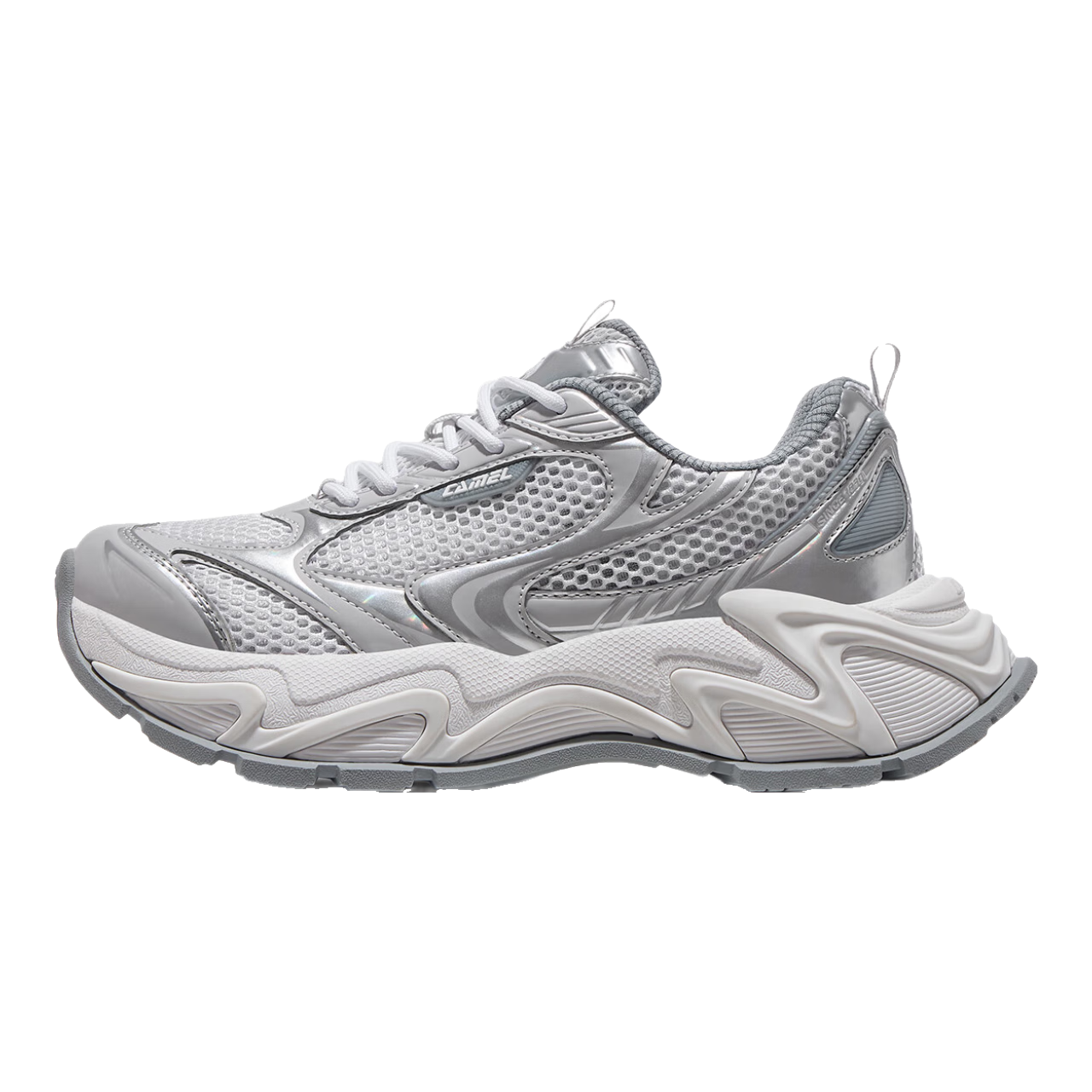 骆驼（CAMEL）[星耀]老爹鞋男2025春夏复古银色透气鞋复古厚底增高老爹鞋女 X25B097022，白/浅银灰 ，女 38