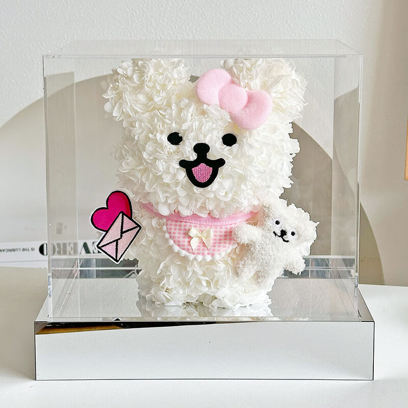 送女友生日 线条狗-三行情书-粉色蝴蝶结款 26*30*38cm 永生花,绣球