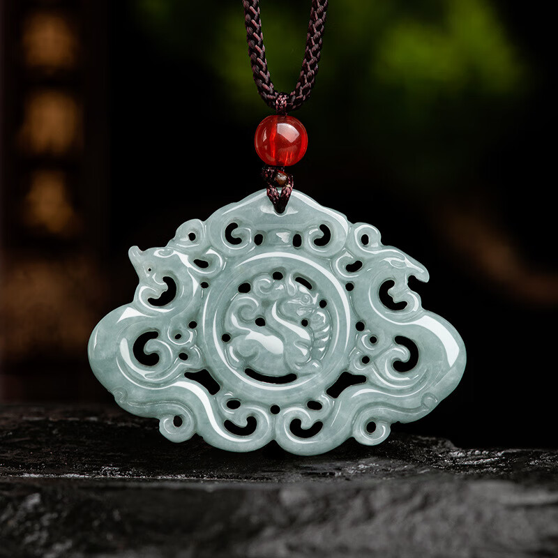 紫慕璃天然翡翠 蓝水 镂空仿古龙凤牌 玉石吊坠挂件男女款玉坠 镂空