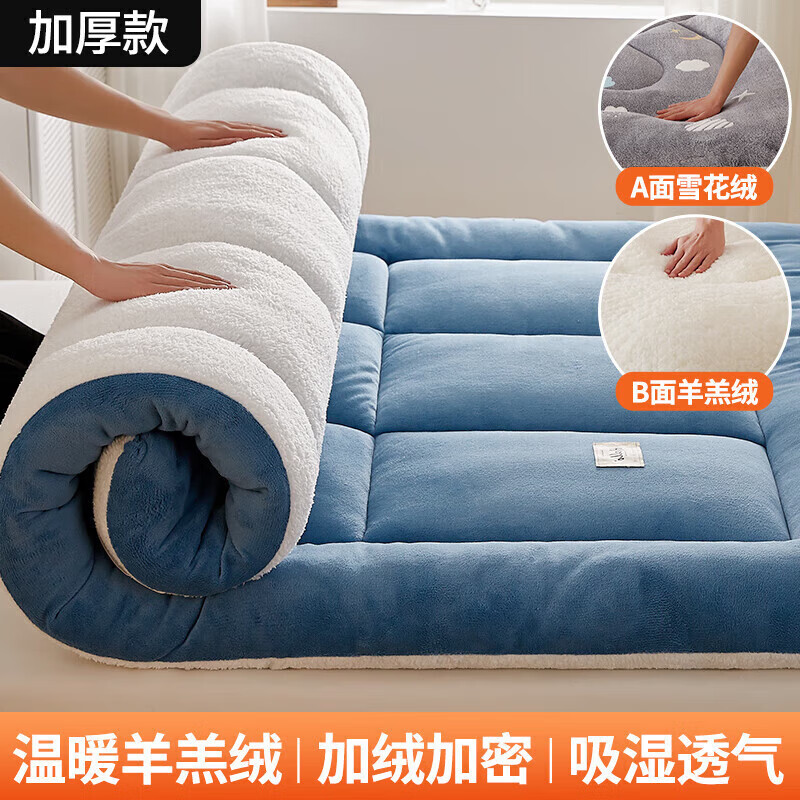 北極絨（Bejirog）牛奶絨床墊軟墊冬季加絨加厚羊羔絨學(xué)生宿舍單人墊被褥子家用墊被 賓利藍+白 110CM*150CM【2斤】