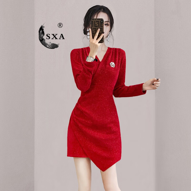 SXA香港潮牌V领礼服连衣裙女2023秋冬新款气质小个子不规则小黑裙子 红色 M