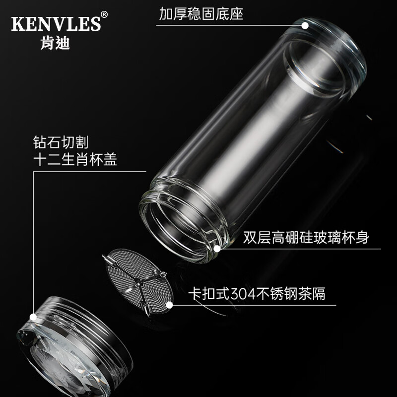 KENVLES英国品牌双层玻璃杯男士十二生肖浮雕水晶耐高温商务办公泡茶杯 【十二生肖浮雕】高档礼盒360ml