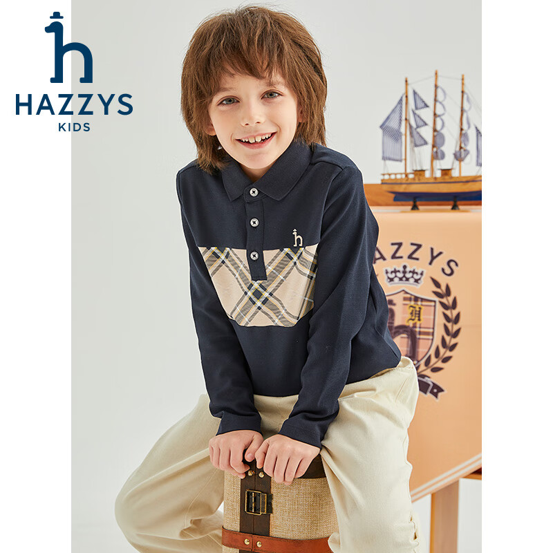 哈吉斯(HAZZYS)品牌童装男童POLO衫春季新款舒适柔软有型宽松经典翻领长袖polo 冰晶蓝 145