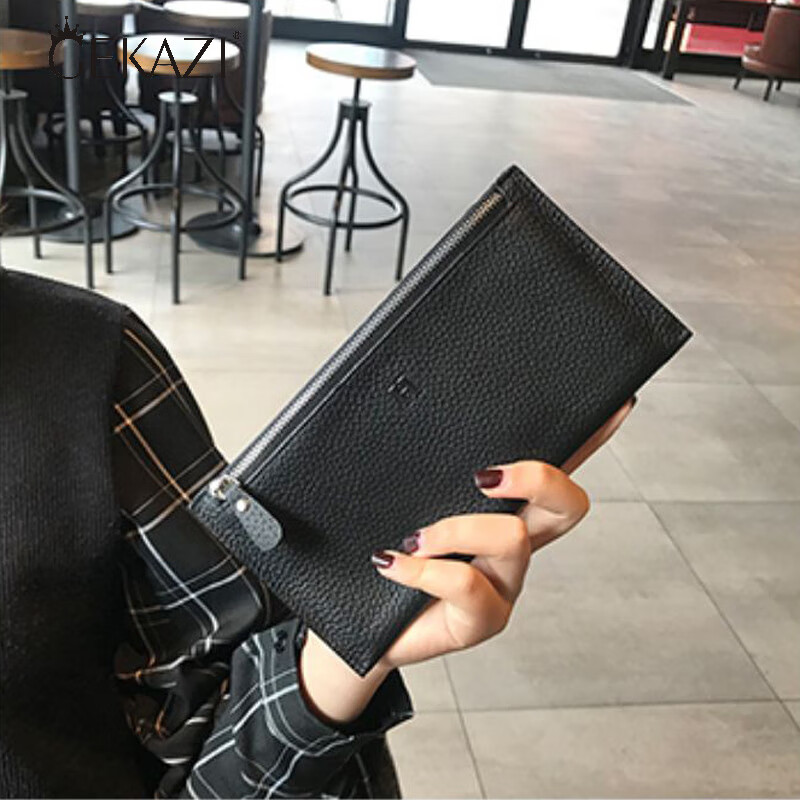 歌卡姿（GEKAZI）真皮钱包女长款新年七夕钱夹超薄款款手拿皮夹小众设计精致高档 黑色