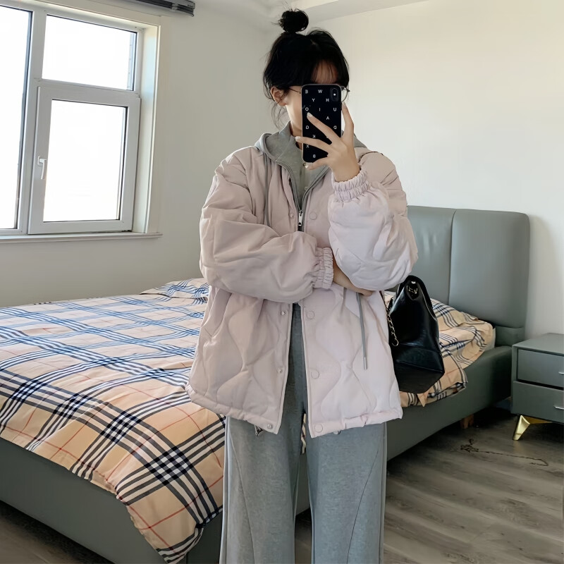 予瑾羽絨棉服女2024新款冬季韓系寬松棉襖秋冬夾棉外套小個(gè)子菱格棉衣 淺紫色 S