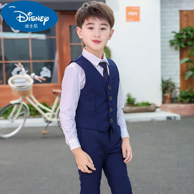 迪士尼（Disney）男童西装套装2023春秋新款钢琴儿童演出服花童主持人婚礼服四件套 衬衣+蓝马甲+蓝裤子+蓝领带 130建议身高120-130cm (7-8岁)