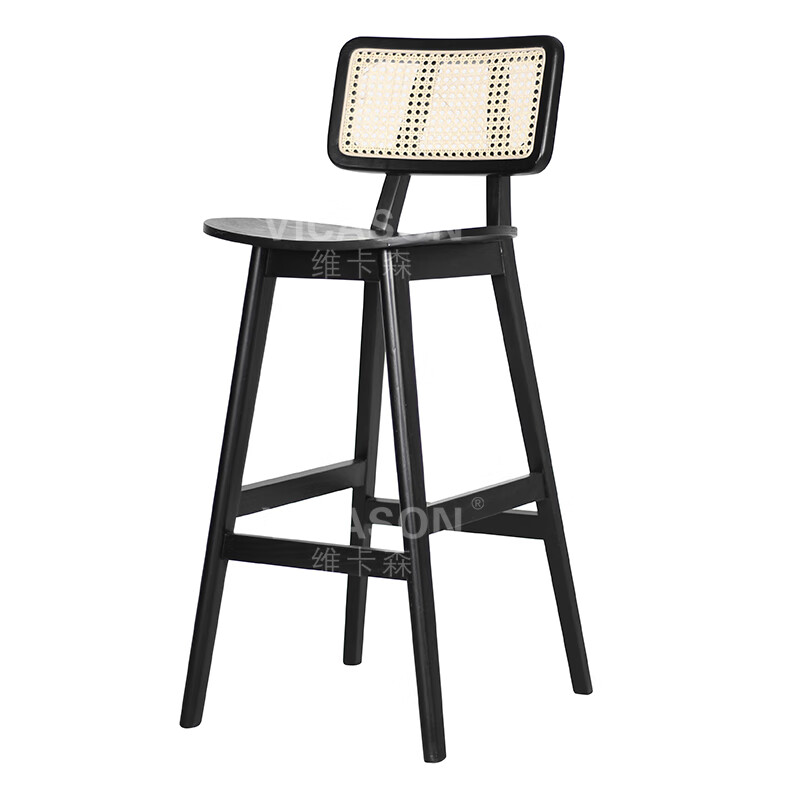 山头林村实木吧台椅家用靠背 北欧藤编实木吧台椅现代简约设计师靠背