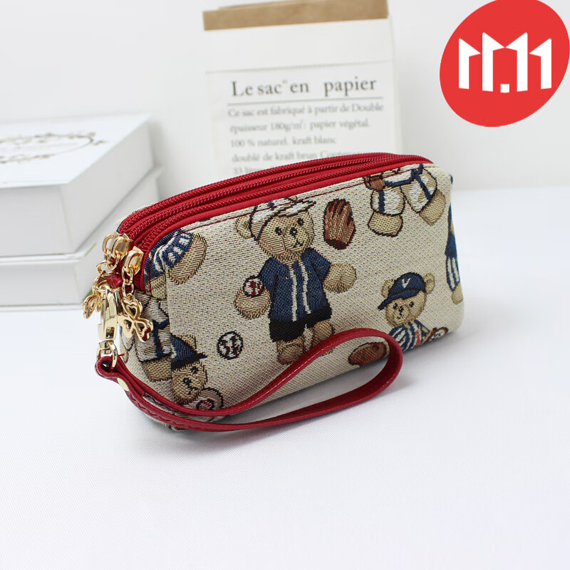 Gekazi品牌  2021秋冬新款大屏手机零钱包女士手拿手挽小包包三层休闲帆布包 小熊酒红色 手拿包