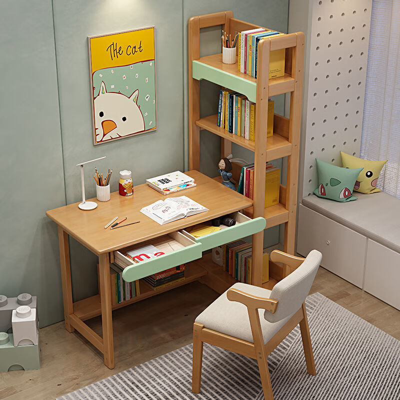 生态宜家官方直销实木书桌书柜组合一体学生学习写字桌书桌书架家用