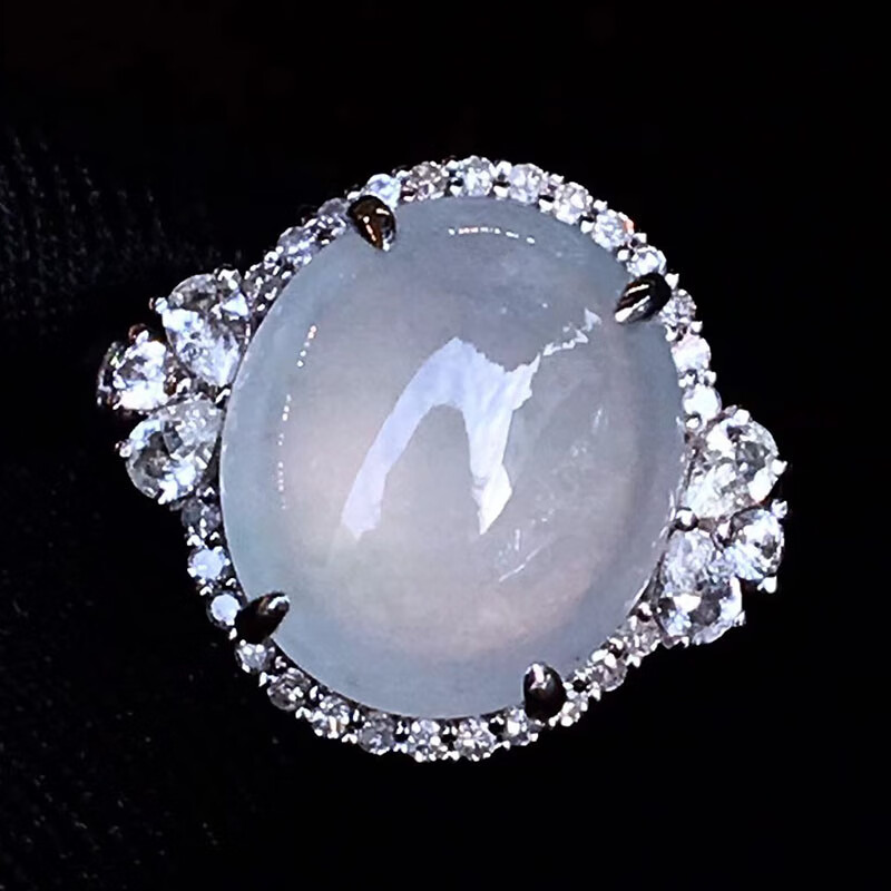 月亮阿姨 翡翠冰种白冰蛋面戒指 18k金镶钻珠宝缅甸翡翠首饰女款生日