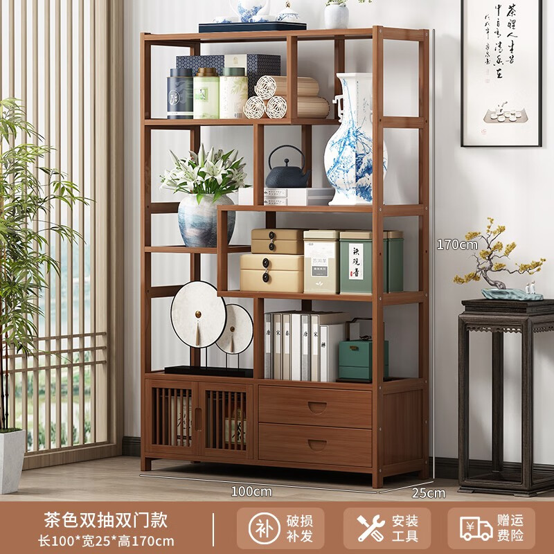 丝竹阁新中式博古架茶货隔断展示柜实木茶具摆放多宝阁茶叶茶室置物架 茶色6-100带门带抽博古架怎么样,好用不?