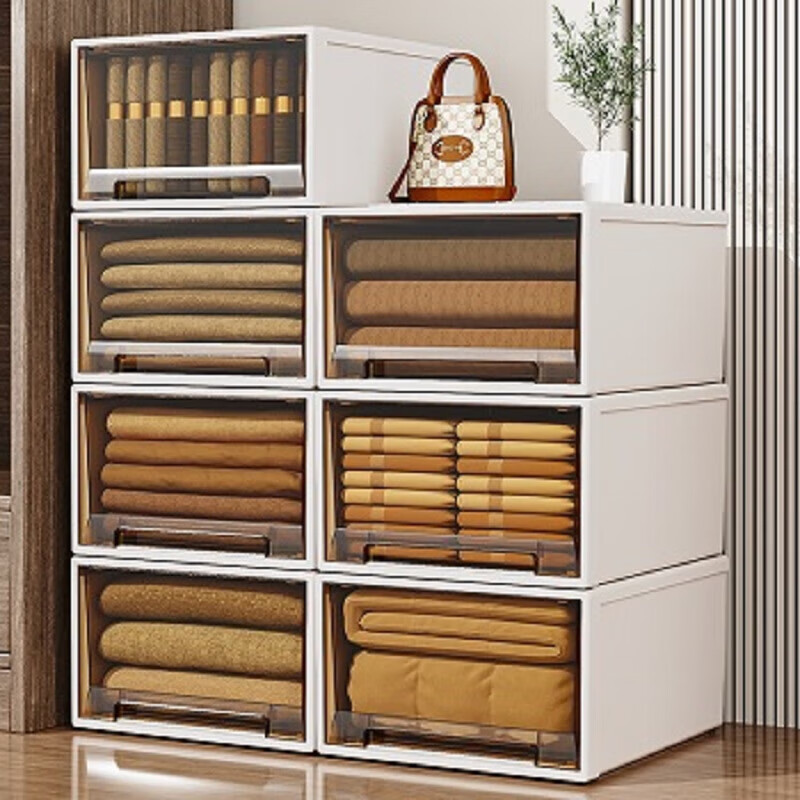 稻草熊收纳箱抽屉式裤子整理箱家用衣物储物柜子衣柜塑料内衣收纳盒 深28*宽18*高10 透明