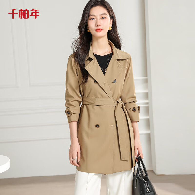 千柏年女春装新款中长款风衣韩版时尚西装领外套高级感英伦风系带上衣 卡其色 XL (125-135斤)